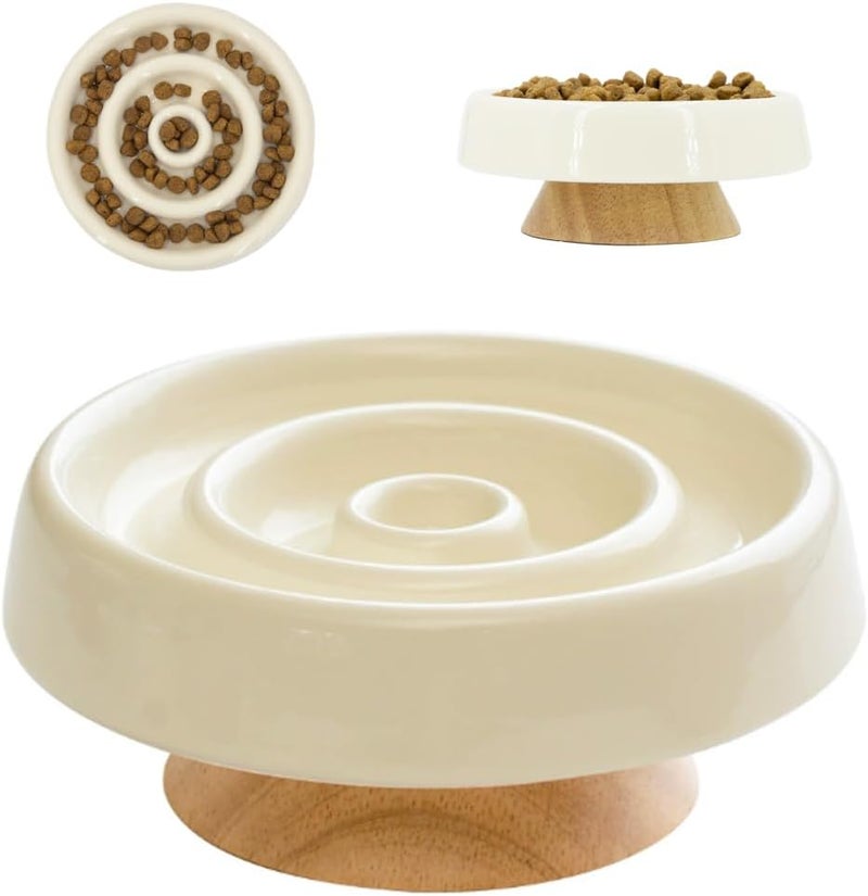 Vitisyao Ceramic Cat Slow Feeder, Raised Slow Feeder Cat Bowl, Anti Vomiting and Whisker Friendly Kitty Dish, Elevated Puppy Kitten Food Bowl for Dry and Wet Food (White) - Image 1
